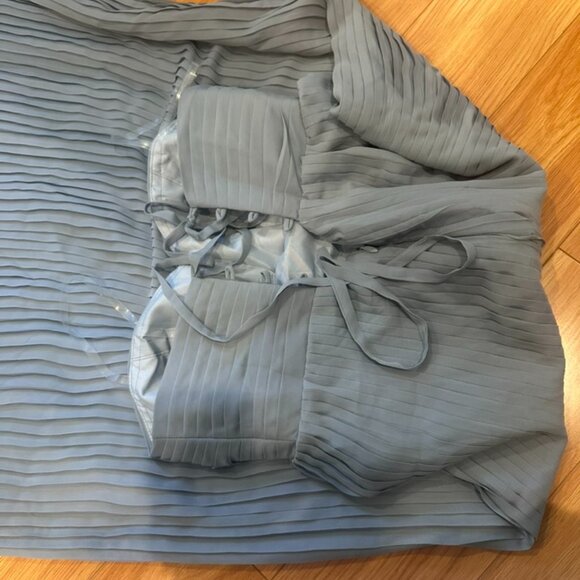 Dusty Blue Pleated Chiffon Strapless Dress with Scarf - Picture 3 of 5